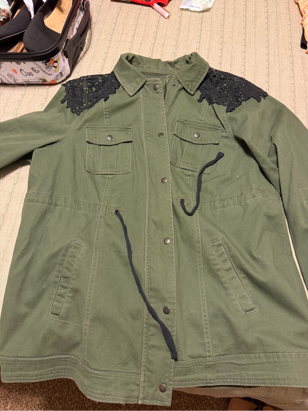 torrid Olive Green Utility Jacket with Black Lace Shoulders